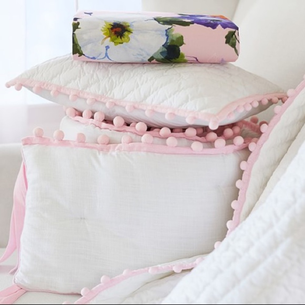 Pottery Barn Kids Baby Organic Pink Pom Pom Crib Skirt - Picture 3 of 8